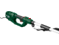 Green electric pole saw with a long handle and black grip.