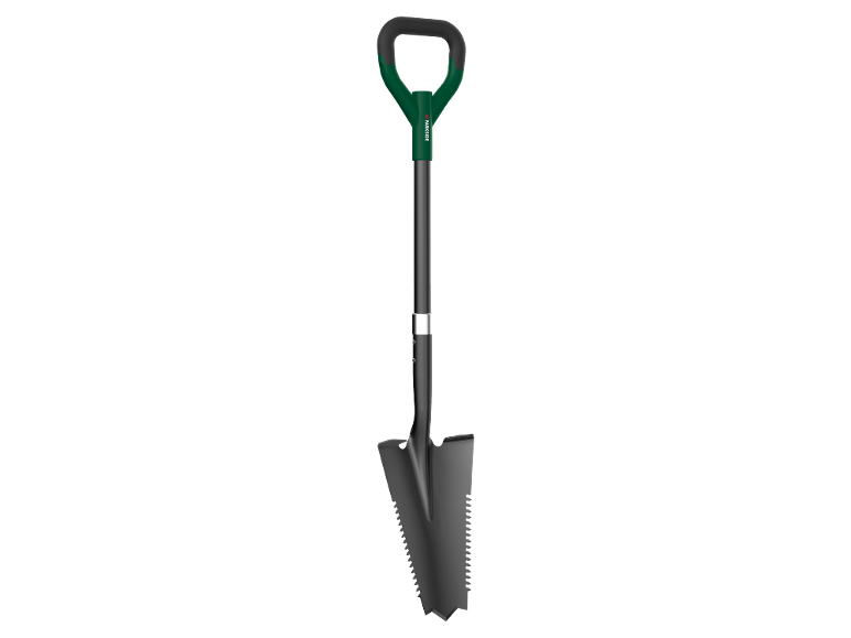 Green and black gardening shovel with D-handle and serrated edge.