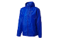 Blue rain jacket with a hood and front zipper.