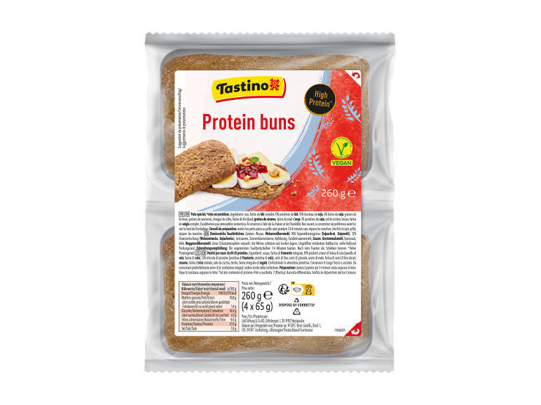 Package of protein buns with suggested topping, 'High Protein' label, and vegan logo.