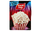 Box of salted popcorn with red curtains in the background, ready in 2-3 minutes.