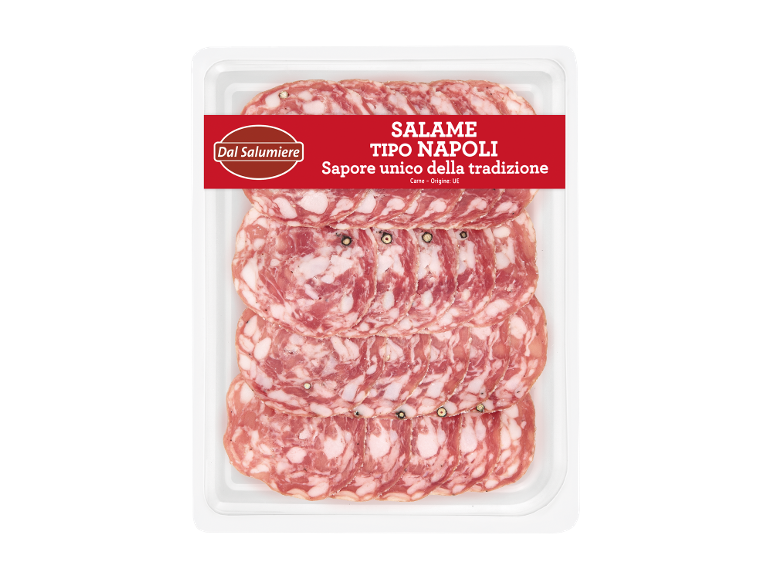 Packaged sliced Napoli-style salami with 'Dal Salumiere' and 'Sapore unico della tradizione' text.