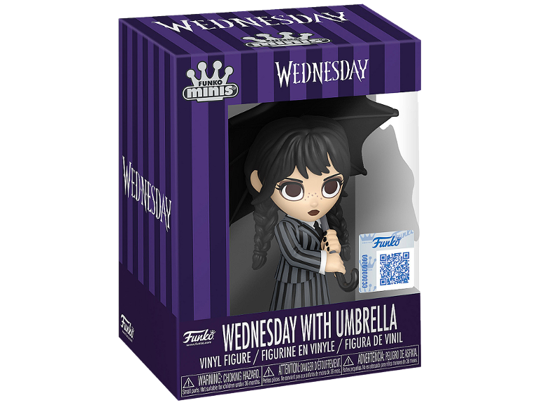 Wednesday action figure with umbrella in striped purple packaging.