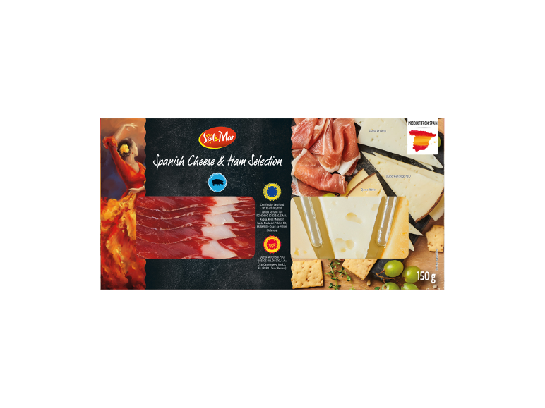 Spanish cheese and ham, with a flamenco dancer and Spanish flag, 150 g