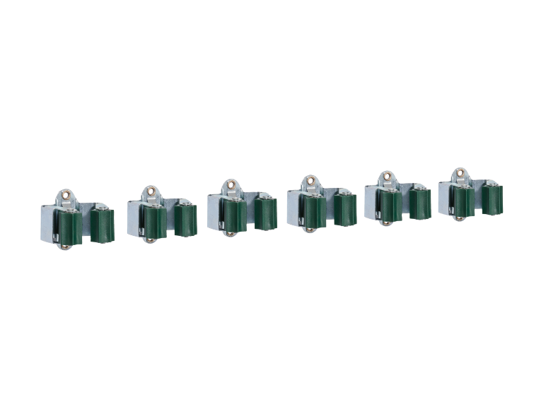 Six metal broom and tool holders with green rubber rollers.