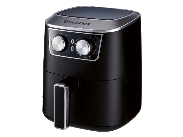 Black air fryer with a digital display and silver control knobs.