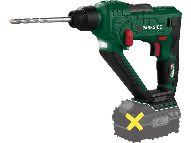 Cordless rotary hammer drill with battery and drill bit.