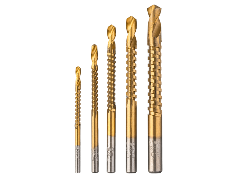 Five golden HSS drill bits of varying sizes, from 3.0 to 8.0, on a black background.
