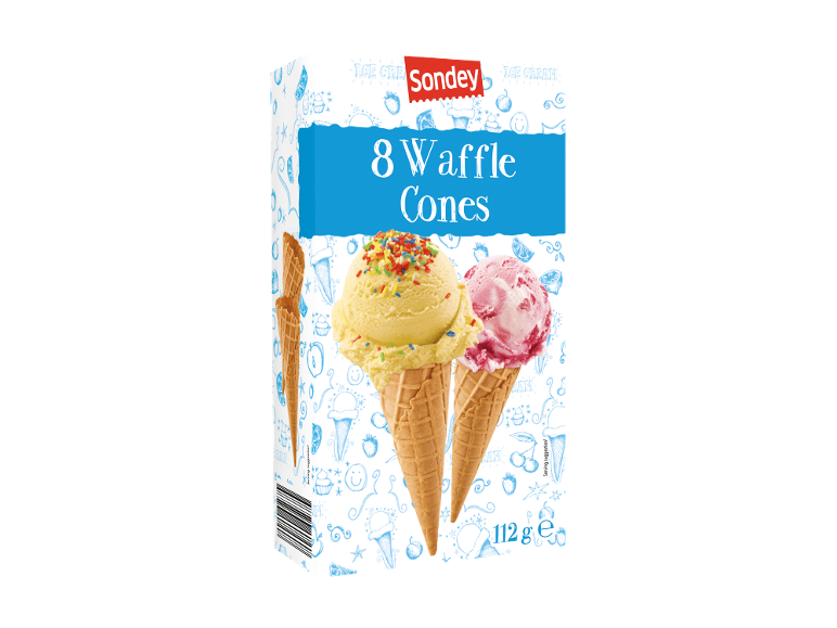 Packaging of 8 waffle cones for ice cream, with an illustration of vanilla and strawberry ice cream.