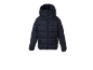Dark blue kids' puffer jacket with hood and dinosaur-patterned inner lining.