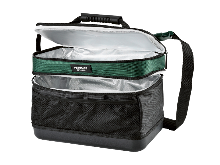 Open two-tier cooler bag in green and black with the text 'EST. 1988'.