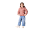 Girl in pink puffer jacket, wide-leg jeans, and white sneakers.