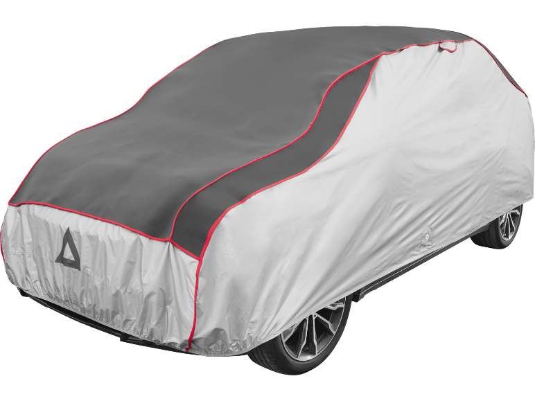 Two-tone car cover in grey and silver with red piping, featuring a front triangle detail.