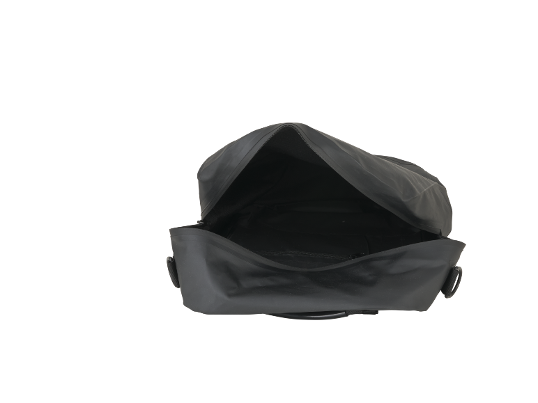 Open black travel bag with zipper, viewed from above.