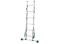 Extendable aluminum ladder with green anti-slip feet and safety straps.