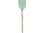 Kitchen spatula with a mint green silicone head and a wooden handle.
