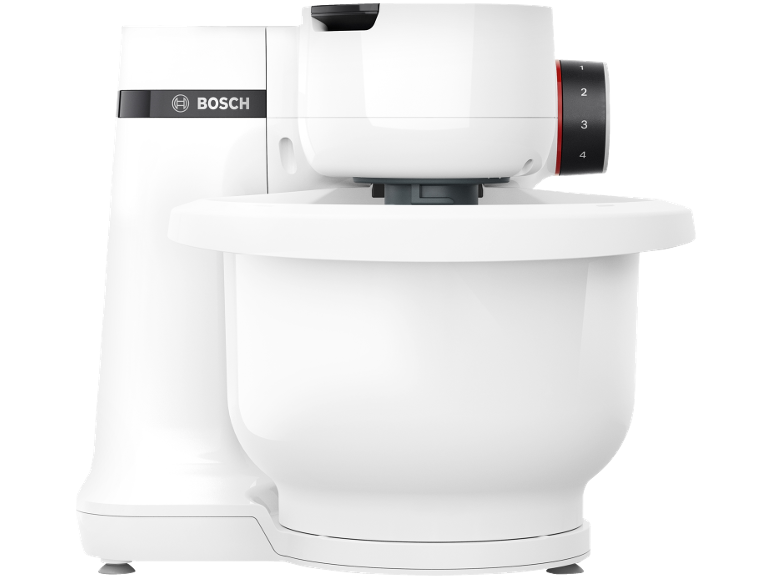 White kitchen machine with bowl and speed selector.