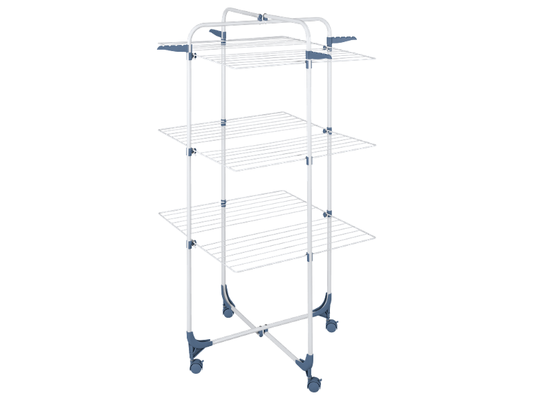 Three-tier vertical clothes drying rack with wheels, in white and grey.