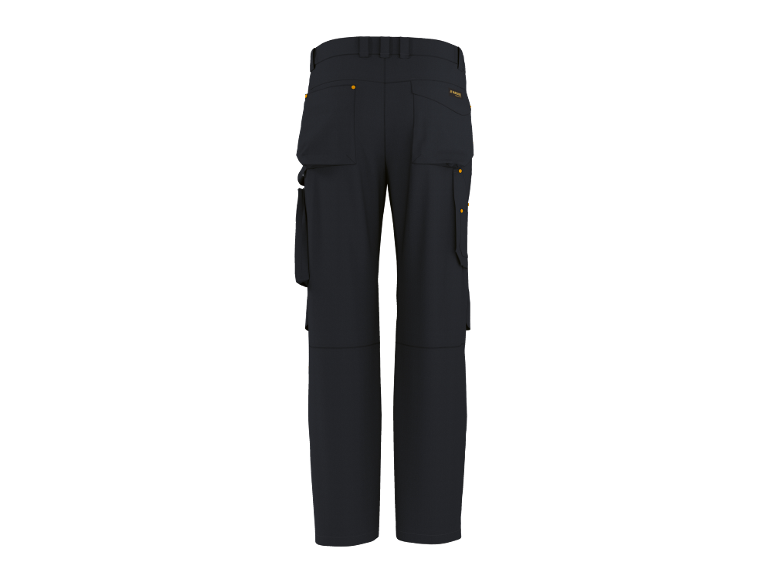 Dark blue work trousers with side pockets and orange details, back view.
