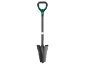 Camping shovel with green handle and serrated blade