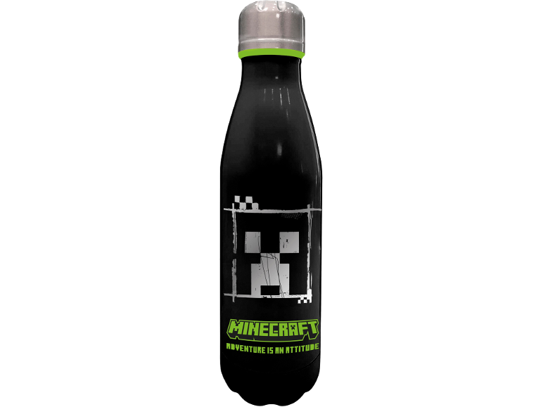 Black water bottle with pixelated video game design and green text.