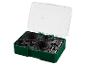 Hole saw set in a green case with a clear lid, including various saw sizes and drill bits.