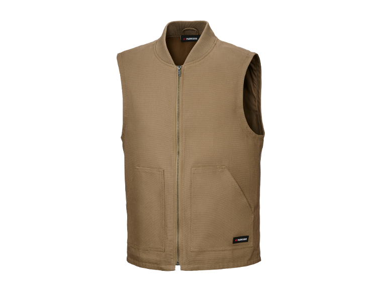 Brown men's vest with zipper, stand-up collar, and two pockets.