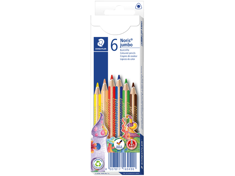 Six colored pencils with golden patterns and children's drawings on the packaging.
