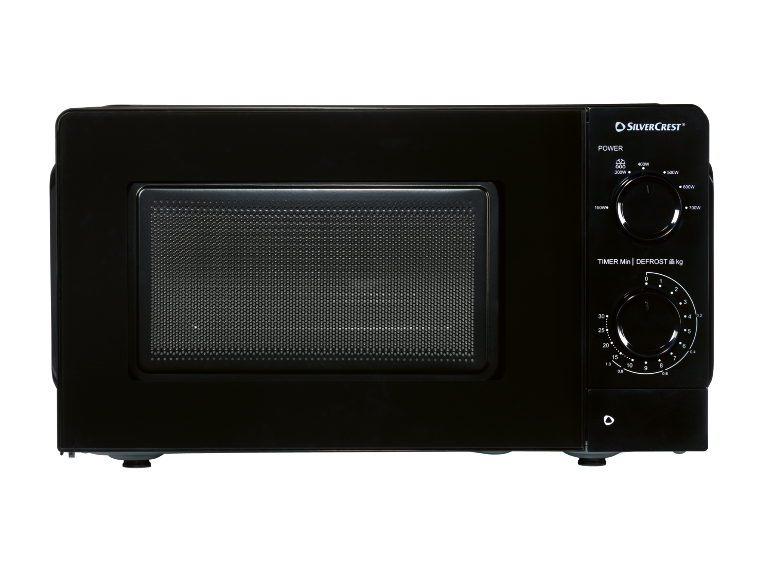 Black microwave oven with two rotary dials for power and timer.