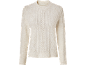 Cream sweater with cable knit and diamond patterns.