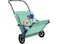 Beach trolley with sand toys, bucket, and towel.
