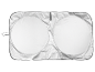 Foldable silver car sunshade with two reflective circles.