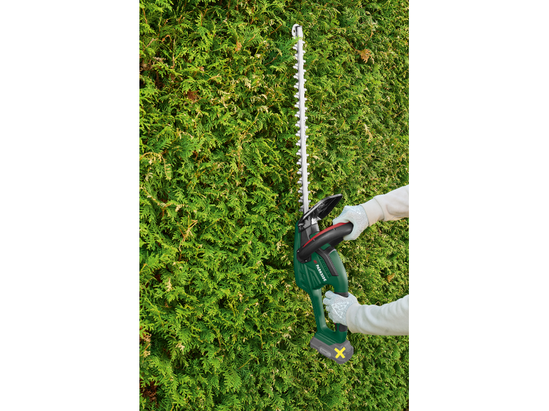 Person trimming a hedge with a cordless hedge trimmer.