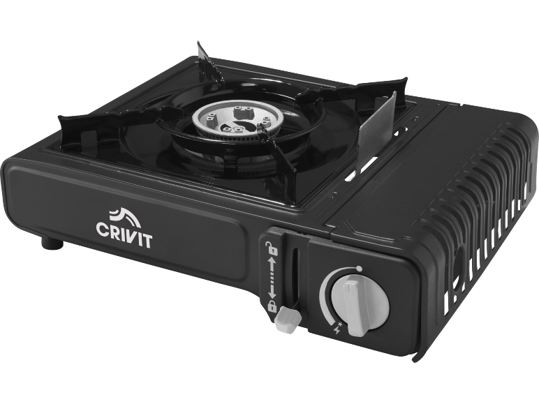 Black portable camping stove with a single burner and flame control.