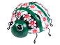 Metal garden decoration shaped like a ladybug with pink flowers and solar lights.