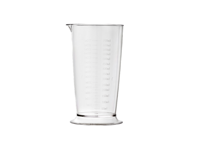 Transparent measuring jug with volume markings from 50 ml to 700 ml.