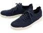 Pair of navy blue knitted sneakers with white soles.