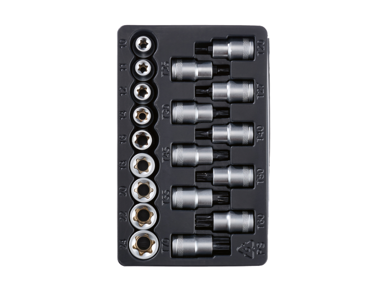 Set of Torx sockets and bits in a black tray, with sizes from 10 to 70 and T20 to T70.