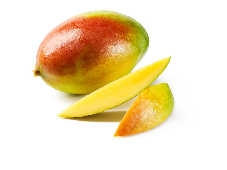 A ripe mango and two mango slices on a white background.
