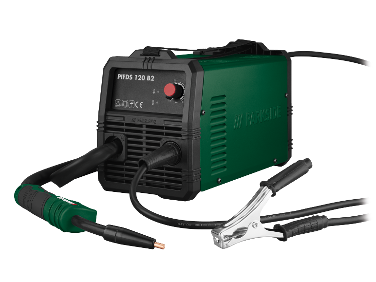 Green inverter welder with cables and clamps, model PIFDS 120 B2.