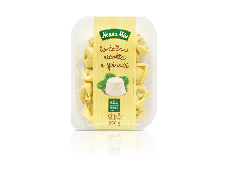 Packaged ricotta and spinach tortelloni, with cooking time and weight.