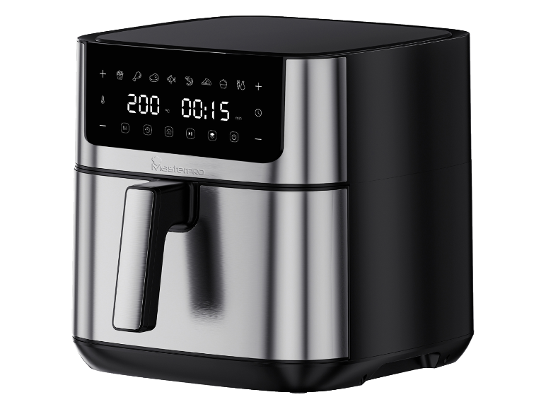 Black and silver digital air fryer with a handle and display.