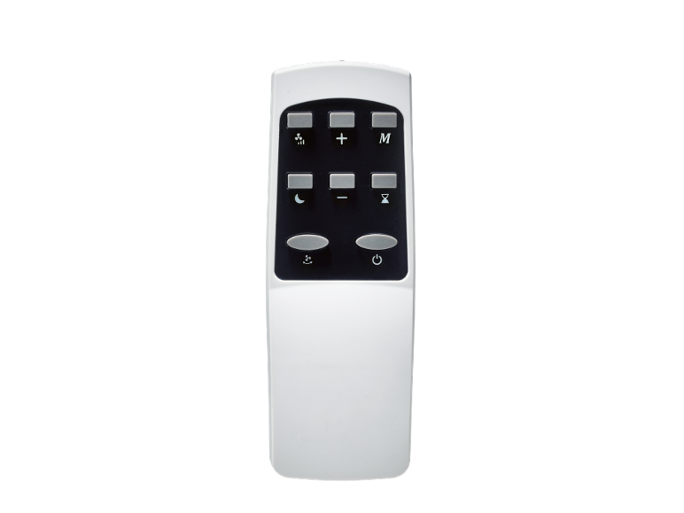 White remote control with black and gray buttons for a fan or air conditioner.
