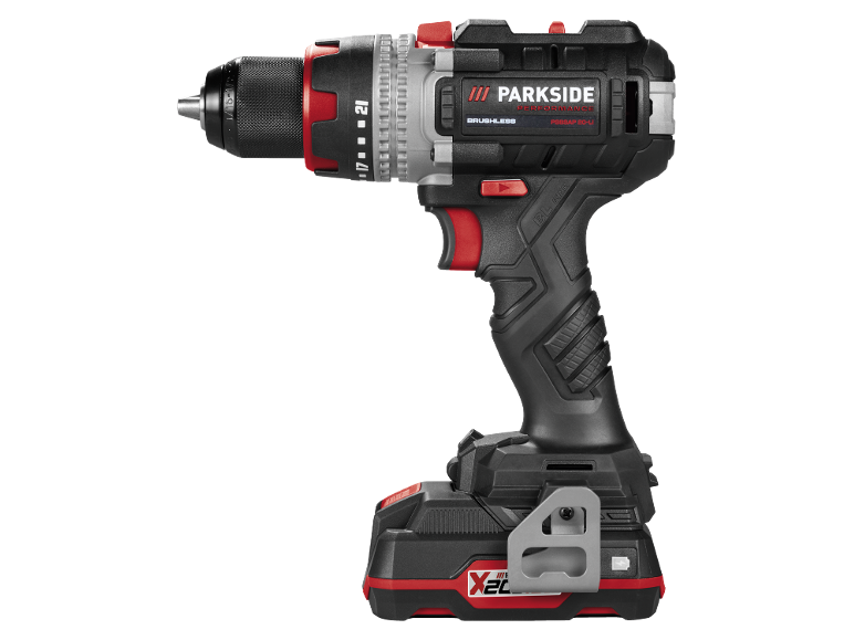 Cordless drill/driver in black and red design with a grey chuck.
