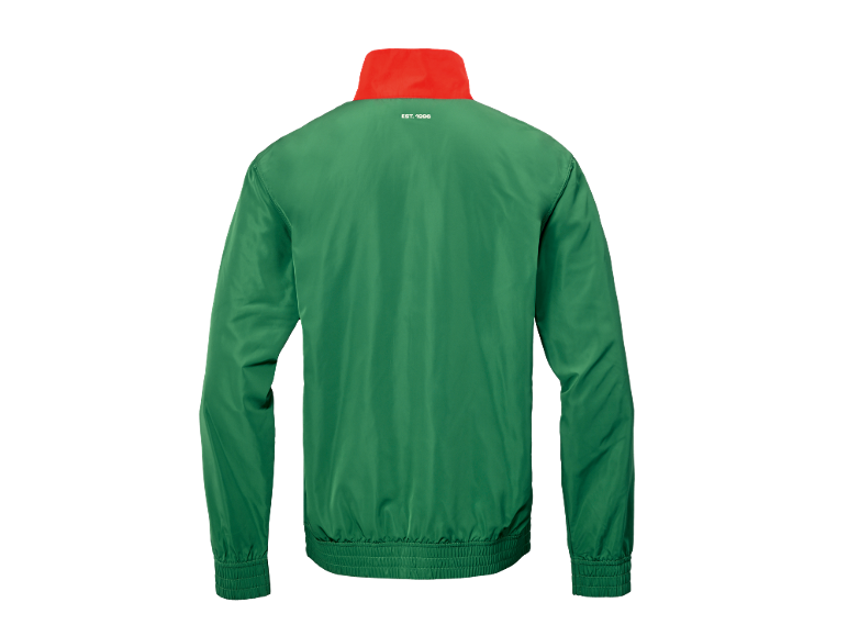 Green jacket with a red collar and 'EST. 1996' text on the back.