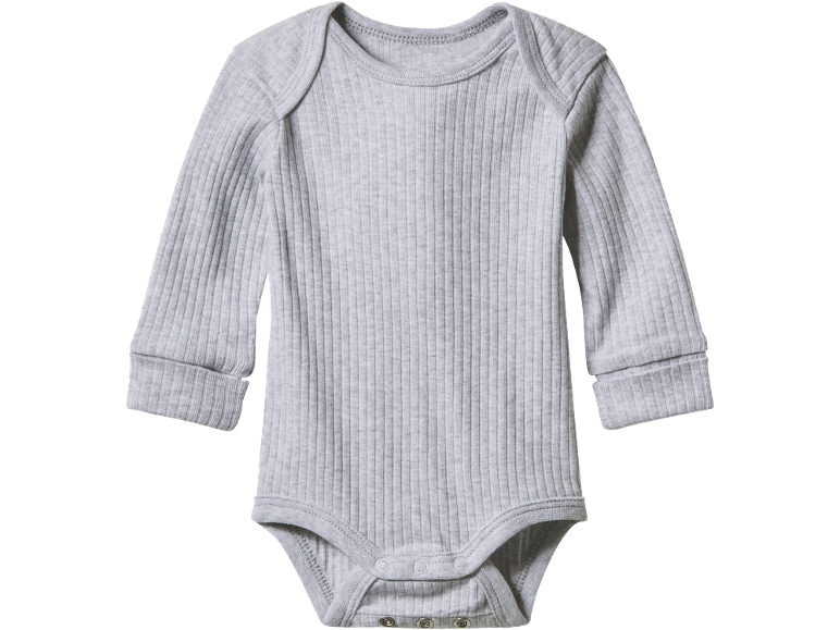 Light grey ribbed long-sleeved baby bodysuit.