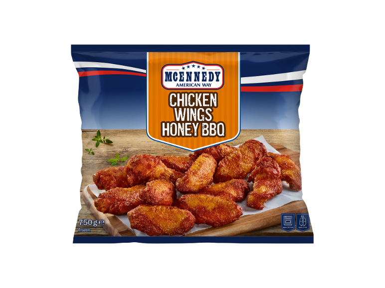 750g pack of frozen honey BBQ chicken wings, with cooking instructions.