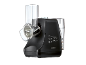 Black electric grater with transparent attachments for vegetables and cheese.