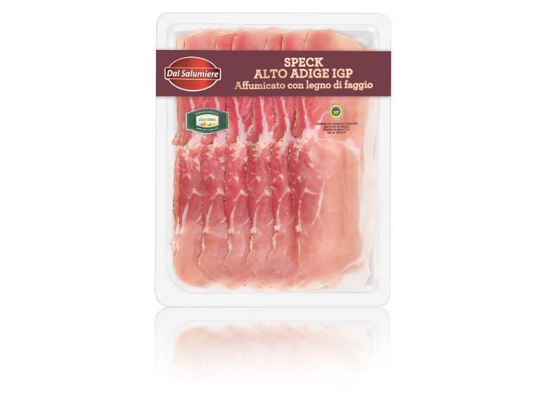 Sliced smoked IGP speck from Alto Adige in packaging.