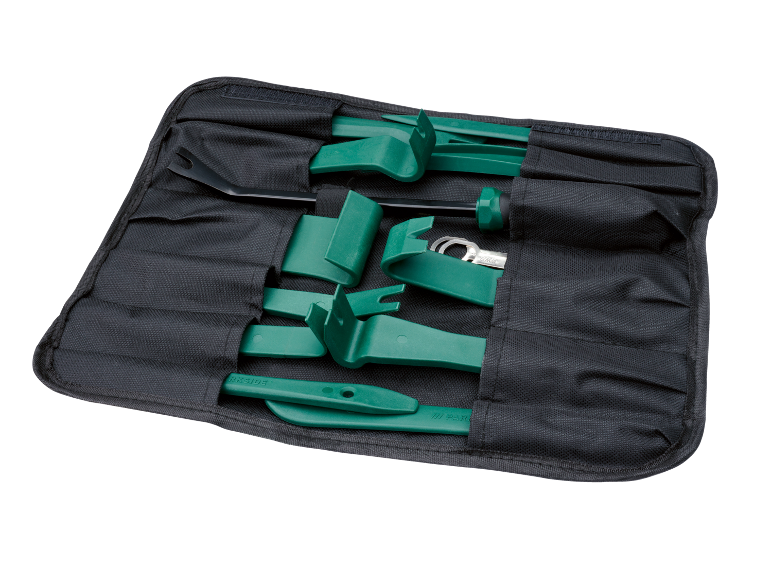 Trim removal tool set, including green plastic pry tools and a metal tool, in a black roll-up pouch.